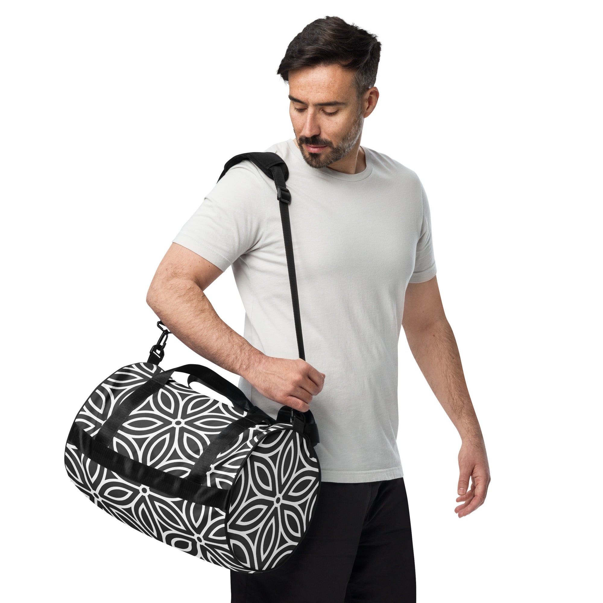 *Black & White Floral* Design All-over Print Gym Bag