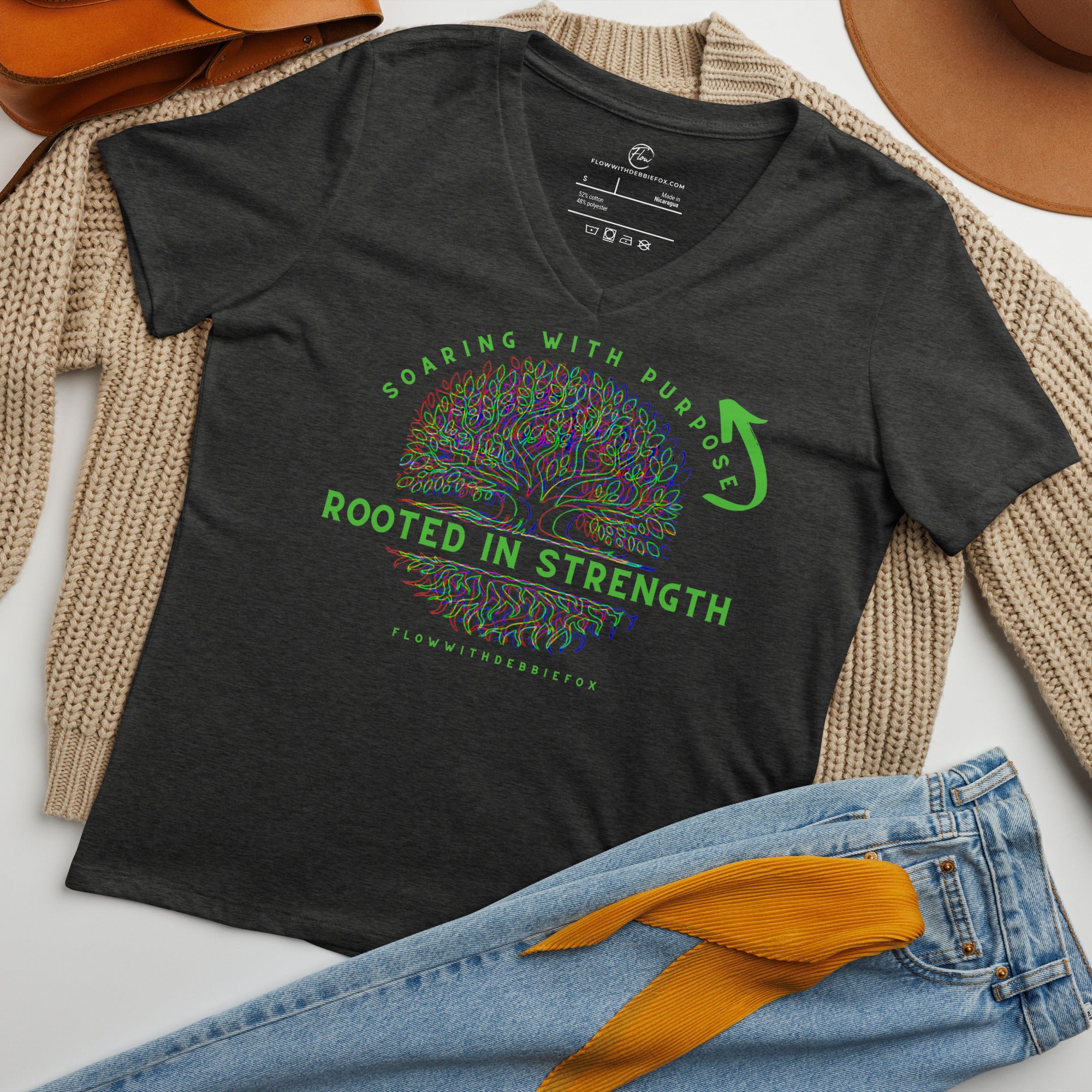 *Rooted In Strength* Design, Women's V-Neck Short Sleeve T-Shirt